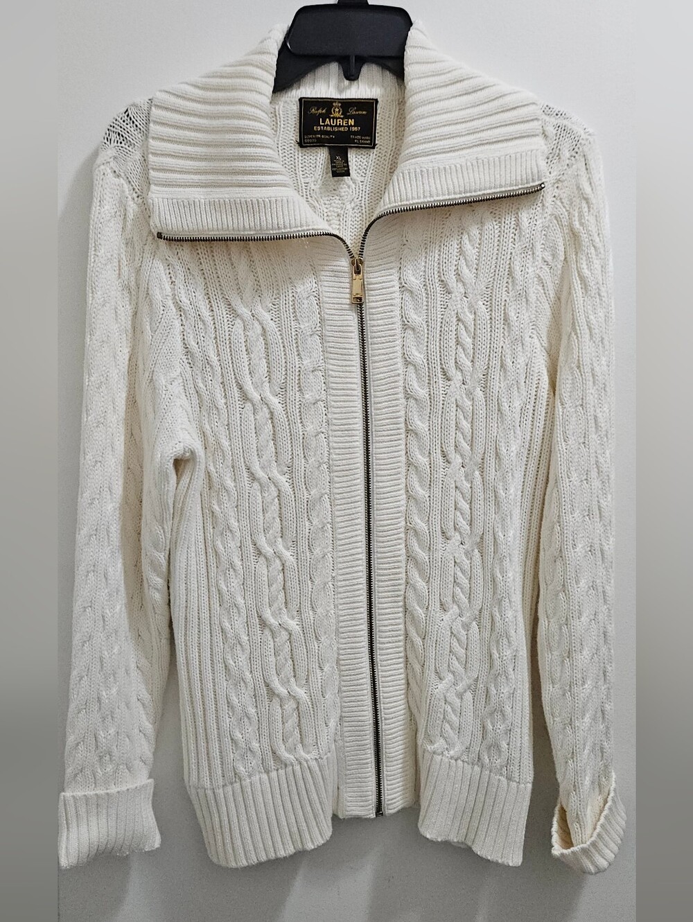 Lauren Ralph Lauren Ivory Cable Knit Full Zip Cotton Sweater Cardigan XL - Picture 4 of 9